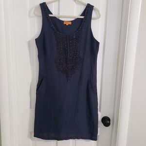 Roberta Freymann Linen Shift Dress LG Lined Embellished Cording Gold Accent Blue